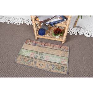 Tapis turc vintage de 1.5x2,5 pieds, tapis en laine rayé beige et vert avec support en latex pour décorations de salon - Product Image 3