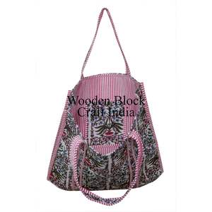 Sac fourre-tout matelassé en coton indien fait main, style bohème vintage, avec deux compartiments ouverts tendance, imprimé au bloc personnalisé, cadeau sur mesure - Product Image 3