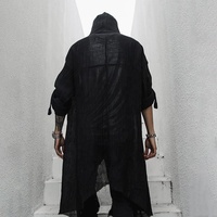 Cardigan long à capuche pour homme, style streetwear, couleur unie, respirant, demi-manches, en polyester tissé