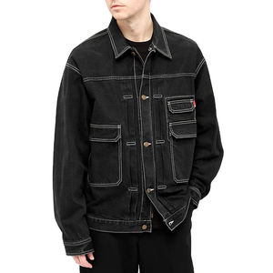 Veste en jean personnalisée Flyingkick Enterprises bleu délavé 2025 avec surpiqûres contrastées pour homme, lavage vintage noir, style urbain, hiver - Product Image 1