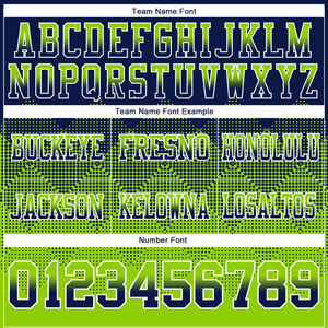 Maillot de football américain 100% polyester avec motif carré dégradé en maille bleu marine et vert néon unique, manches courtes, design unique - Product Image 3
