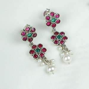 Ayushi Delicate Silver <b>Necklace</b> Set with <b>Ruby</b> and Emerald Floral Design for Party Occasions - Product Image 6