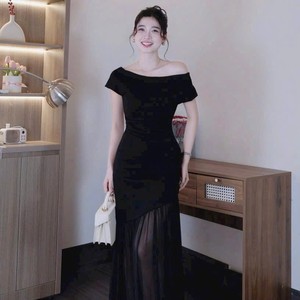 Robe longue noire sexy et ajustée à épaules dénudées pour femme, tenue de soirée - Product Image 6