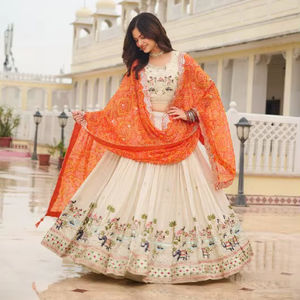 LAHENGA CHOLI DUPATTA VINTAGE <b>FLOOR</b>-LENGTH LOOSE AUTUMN NATURAL PURE TISSUE SILK SEQUENCE THREAD EMBROIDERY WORK - Product Image 1