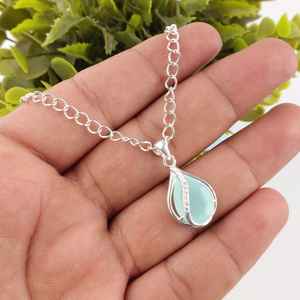 Aqua Chalcedony 925 Sterling Silver 14K Gold Plated Pear Pendant IGI Certified Unique Design Handmade Gemstone <b>Necklace</b> Elegant - Product Image 6