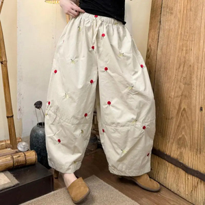Nouveau pantalon ample en coton à taille élastique pour femme, style artistique estival, broderie de fruits, décontracté, longueur cheville, bonne qualité - Product Image 5