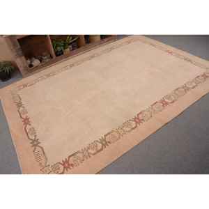 Vintage Turkish Rug Traditional Beige 6.2 X 8.8 ft Patchwork Pattern Wool and Viscose Latex Backing for Entryway or Bedside - Product Image 5