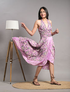 New Arrival Summer Sleeveless Bohemian Maxi <b>Dress</b> Floor-Length <b>Silk</b> Halter with <b>Long</b> Print Breathable and Natural Waistline - Product Image 3
