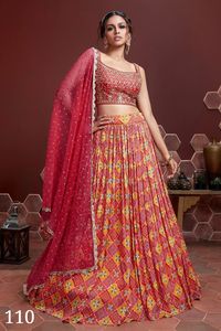 Ligne A imprimée numérique de style modeste moderne Lehenga Choli semi-cousue avec broderie miroir travail pour mariage saison 100% soie - Product Image 2