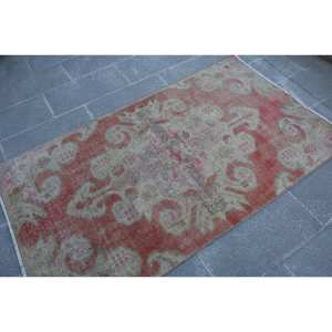 Alfombra de lana Vintage, color rojo y beige, 3,5x6,2 pies, Kilim turco, área grande, patrón abstracto, pasillo, rectángulo, respaldo de látex, 10mm para habitaciones - Product Image 2