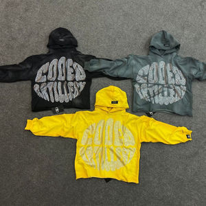 Alta calidad de gran tamaño Vintage lavado desgastado Streetwear Sudadera con capucha Rhinestone Raw Hem Hidden Pocket Hoodie - Product Image 1