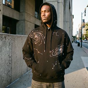 Sweat à capuche pour homme, poids lourd, 500 g/m², mélange polyester/coton, tissu éponge français, broderie de strass, manches superposées, coupe ample, pull-over - Product Image 1