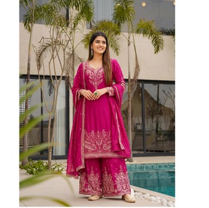 Traje Palazzo de Seda Chinon de Diseño de Lujo con Bordado y Dupatta a Juego para Mujer, Uso Diario y Casual - Product Image 1