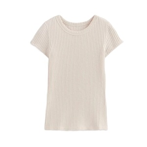 Nouveau T-shirt décontracté pour femme, col rond, coupe ajustée, manches courtes, en maille côtelée 100% coton respirant, teint uni, confortable, collection été - Product Image 3