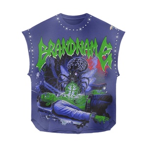 Camiseta 100% algodón para hombre, corte holgado, estampada, 240GSM, mezcla de algodón, color morado, sin mangas, estilo vintage, con pedrería, estampado DTG. - Product Image 1
