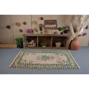 Classique Beige Bleu Vintage Tapis Turc 3.3 X 6.3ft À La Main Patchwork Conception Laine Bambou Soie Matériel Latex Support pour Vivre - Product Image 3