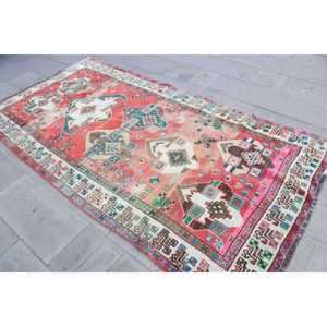Vintage Area Rug 4.5x8.6 ft (137x261 cm), Turkish <b>Red</b> Animal Print <b>Wool</b> Rug - Product Image 2