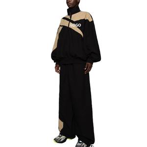 Ensemble de survêtement décontracté pour homme en polyester patchwork bicolore, veste zippée oversize et pantalon de survêtement à jambes larges, léger, deux pièces - Product Image 5