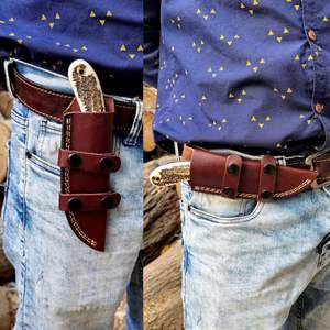 Couteau de camping fait à la main en acier damas gaine en cuir de transport horizontal lame fixe Bushcraft dépouillement cerf corne poignée OEM - Product Image 6