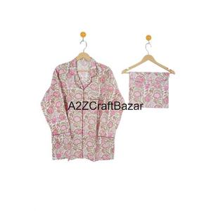 Conjunto de Pijama de Verano para Mujer, Hecho a Mano, 100% Algodón Puro, Elegante Estampado Floral, Traje de Dormir de Algodón Indio - Product Image 2