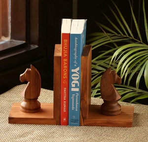 Caballo de ajedrez tallado a mano extremos de libros en madera Sheesham sujetalibros de ajedrez decorativos para estantes sujetalibros 2pack organizador de madera resistente - Product Image 6