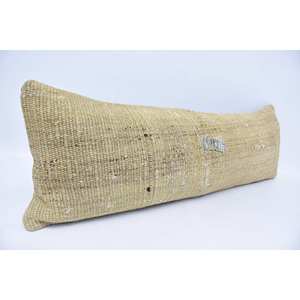 Almohada de cáñamo Kantha de lana Beige a rayas sutiles 12x36 pulgadas tejida con patrón vintage - Product Image 3