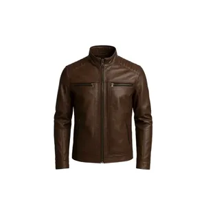 เสื้อแจ็คเก็ตหนังบิคเกอร์สีน้ำตาลกาแฟแบบมีซับในสำหรับผู้ชาย - Product Image 1