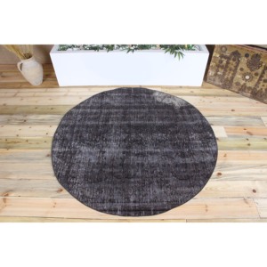 Tapis vintage 4,6 x 4,6 pieds, tapis turc noir à fleurs en laine - Product Image 1