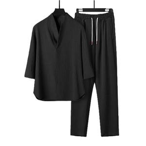 Ensemble deux pièces décontracté d'été à manches trois-quarts, col élégant, coupe ajustée, style chinois, broderie personnalisée avec logo OEM BD Chine - Product Image 1