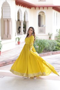 Vestido Largo Anarkali con Dupatta, Salwar Kameez para Mujer, para Fiestas y Bodas, Color Amarillo CYE, Lentejuelas, Poliéster, Largo hasta el Suelo, Moderno - Product Image 3