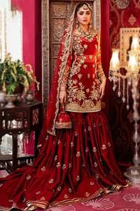 2025@ Bridal Stunning <b>Red</b> Kurta, Sarara & Dupatta Dress with Heavy Embellished Dabka Pearls Stone Hand Zari Embroidery Work - Product Image 2