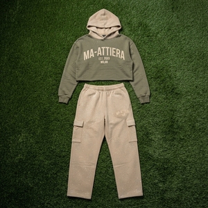 Ensemble jogging cargo à capuche court pour femme, personnalisé, en molleton de coton, color block vert olive et beige, style streetwear, OEM, vente en gros - Product Image 6