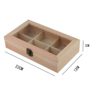 Contenedor de caja de almacenamiento de bolsitas de té de madera con tapa de vidrio 22x13x5cm 6 secciones artesanías | Suministros para manualidades multiusos - Product Image 2