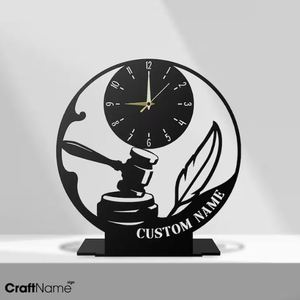 Horloge de table ronde en métal avec enseigne néon en laiton AK Judge en noir fini avec support pour décor de table/décor de bureau - Product Image 5