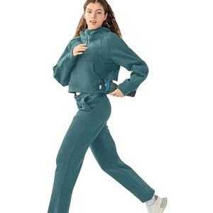 Conjunto de 2 Piezas, Top Corto con Capucha y Pantalones Deportivos, Traje Deportivo para Mujer, Sudadera, Hecho en Fábrica - Product Image 1