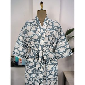 Boho Style Cotton <b>Kimono</b> Indian Handprinted Floral Design Luxury Lightweight Summer Robe for <b>Beach</b> Holiday Cover Ups Pink Grey - Product Image 3