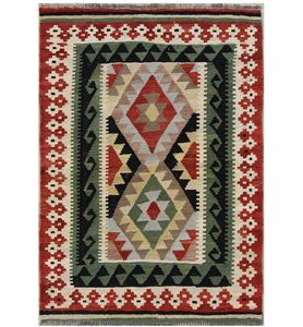 Ensemble de tapis Teppich en laine Henshaw Kilim Dhurrie fabriqués à la main en technique de tissage plat rouge beige noir - Product Image 2
