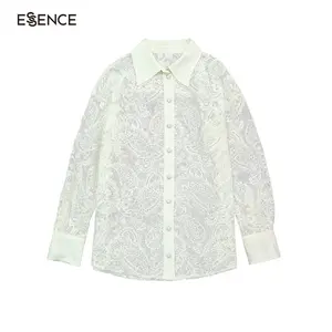 Klassieke Vrouwelijke Kanten Lange Mouwen Bloemenknopen Witte Tops Dames Shirts Op Maat Elegante Damesblouses