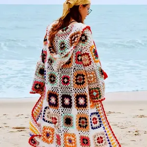 Cárdigan con capucha de ganchillo de punto retro de primavera, abrigo largo de playa, cárdigan de suéter de punto hueco para mujer