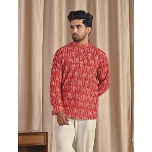 Kurta court en coton popeline rouge imprimé pour homme, chemise décontractée à manches longues, respirante et confortable - Product Image 3