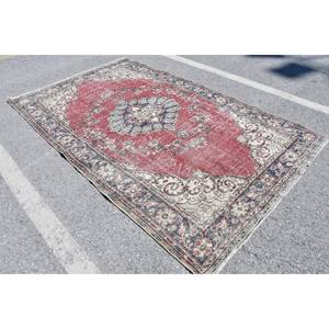 Alfombra de lana de retazos vintage de 5,7x9,3 pies, alfombra de tejido plano turco para sala de estar, roja y beige con respaldo de látex - Product Image 2