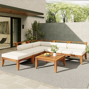 Ensemble de canapé d'extérieur moderne en bois d'acacia, 6 pièces, en forme de L, modulaire, avec coussins imperméables, convertible en lit de jour et table à thé - Product Image 1