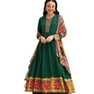 Verde ricamato raso Kurta Palazzo vestito con Dupatta all'ingrosso donna abbigliamento etnico OEM fabbrica fornitore di massa - Product Image 2