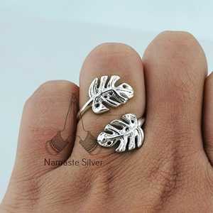 Adjustable Boho Style Monstera Leaf Sterling <b>Silver</b> <b>Statement</b> <b>Ring</b> Birthday Anniversary Gift for Palm Plant Lovers Handmade - Product Image 4
