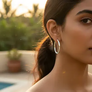 Boucles d'oreilles créoles rondes simples en argent pour femmes, accessoires de mode - Product Image 3