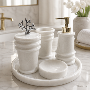 Luxury White Marble <b>Bathroom</b> <b>Accessories</b> <b>Set</b> Soap Dispenser Tumbler Jar Soap Dish Tray for Hotel Spa - Product Image 3