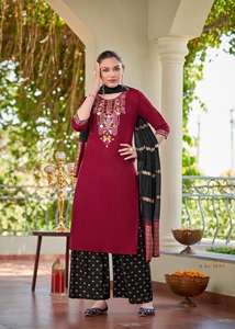 Presentamos un nuevo diseño de tela de rayón tradicional para mujer, pantalón Kurti y conjunto Dupatta para ropa informal y de oficina - Product Image 6