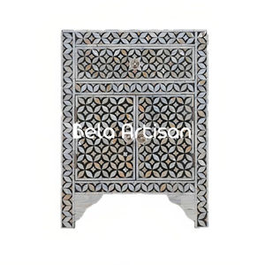 <b>Wooden</b> Side <b>Table</b> Living Room Lights Modern Handmade Bone Inlay Nightstand Floral <b>Bedside</b> <b>Table</b> Black & <b>White</b> - Product Image 3