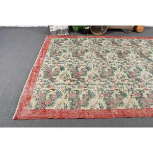 พรมขนแกะสีเบจเย็บปะสีแดงแบบดั้งเดิมพรมยางสี่เหลี่ยมขนาด6.8x10.9ฟุตทำด้วยมือพรมยางสำหรับนั่งเล่นข้างเตียง - Product Image 3