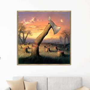 Impresión en lienzo de árbol y hacha surrealistas: arte natural moderno, lienzo con marco dorado - Product Image 1